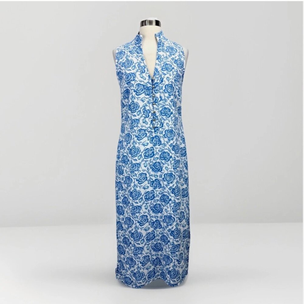 Sail to Sable STS Floral Linen Blend Dress Blue White Midi Classic Wedding Guest